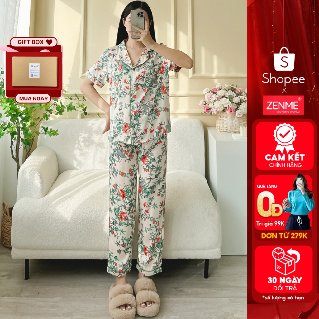 Đồ ngủ lụa latin nữ pijama form rộng Zenme, bộ mặc nhà tay ngắn quần dài thoáng mát, họa tiết hoa PJD1223