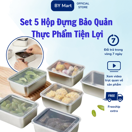 Set 5 Hộp Đựng Bảo Quản Thực Phẩm Chất Liệu Inox 304 Kèm Nắp Nhựa, Hộp Đựng Bảo Quản Thực Phẩm Tủ Lạnh An Toàn Sức Khỏe