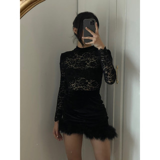 PHOEBE - Váy nhung ren phối lông đà điểu Phoebe