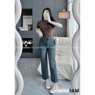 Quần jean nữ suông trơn lưng cạp cao basic dáng dài ống rộng cao cấp