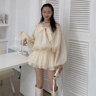 Đầm babydoll trễ vai thắt nơ tay bồng, chất voan tơ 2 lớp mềm mại, dáng xoè, áo công chúa hở vai giấu quần cá tính