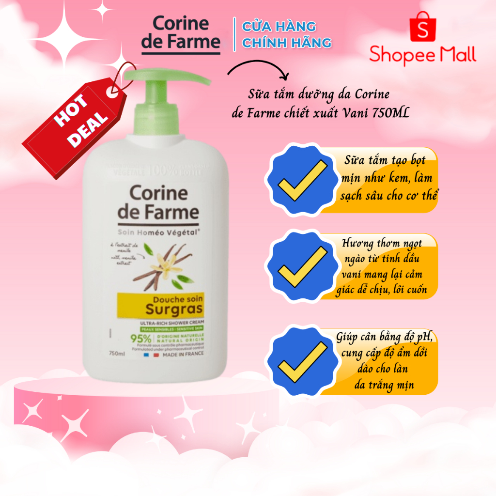 Sữa tắm dưỡng da Corine de Farme hương vani 750ML