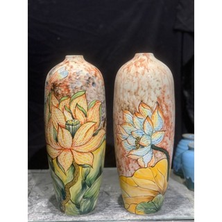 Lọ hoa khắc tay hoa sen 41cm, bình hoa decor, lọ dáng bom