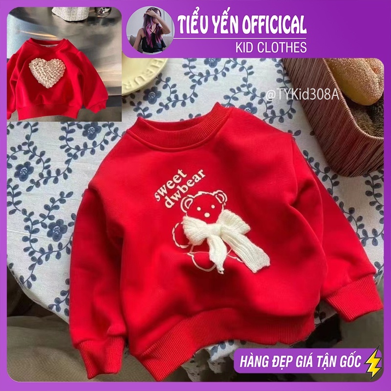Quần áo trẻ em, Áo nỉ đỏ bé gái mặc Noel - Tết, 2 họa tiết gấu và trái tim đáng yêu cho bé 9-25kg A308 | Tiểu Yến KID