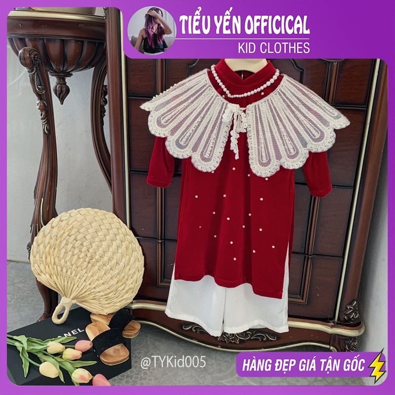 Quần áo trẻ em, Áo dài nhung đỏ bé gái kèm cổ ren cao cấp cho bé 8-25kg AD005 | Tiểu Yến KID