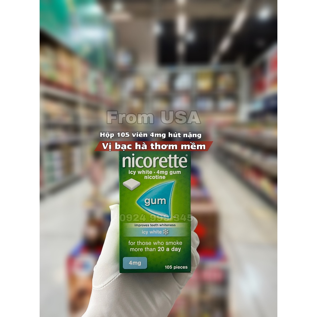 Kẹo cai thuốc lá Nicorette 4mg Icy hàng Mỹ hộp 105 viên