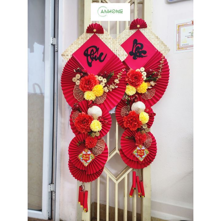 Bộ khánh quạt giấy đỏ loại dài 3 tầng trang trí tết decor nhà cửa, quán cà phê, hội chợ xuân 2024