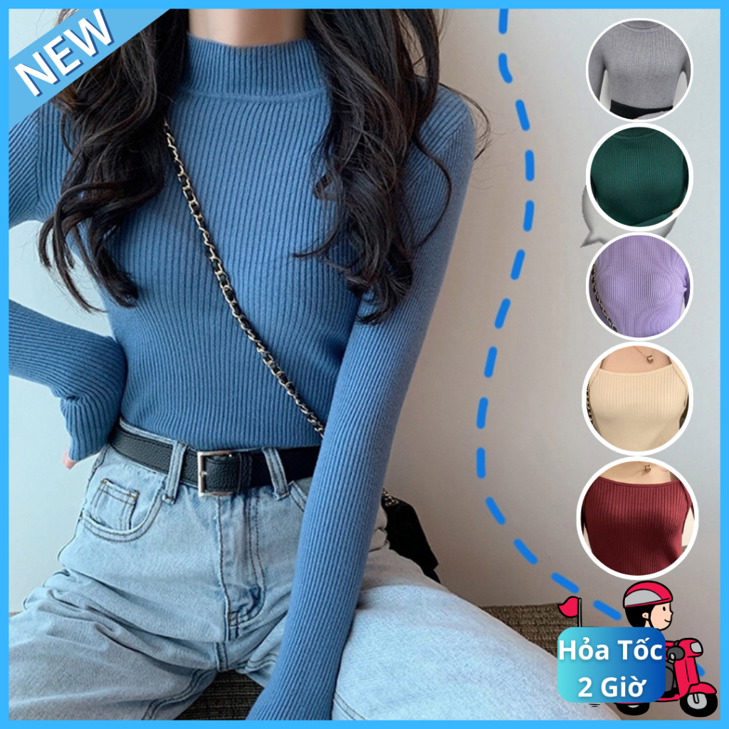 QC378 Áo Len Quảng Châu Nữ Mùa Thu Đông Dài Tay Cổ Giữa Slim Fit Phong Cách Hàn Quốc Xu Hướng Nửa Cổ SH006