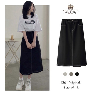 Chân Váy Dài Qua Gối TABI KaKi Mix Viền Jean Co Giãn Thoải Mái