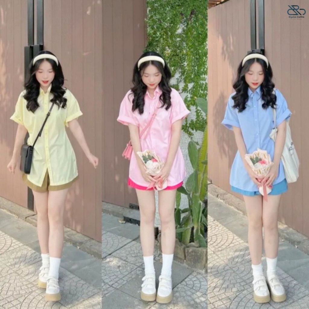 Bộ đồ thời trang Bigsize Cô Nhỏ áo sơ mi tay ngắn có nút eo kèm quần đùi phom rộng phong cách SET40