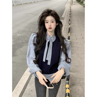 (ORDER) Set áo sơ mi cổ thắt nơ dài tay thu đông+ Áo vest len gile điệu đà