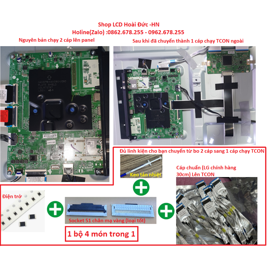43UQ, 55UP, 43uq8000, 55up8100 Linh kiện bộ chuyển 2 cáp lên màn hình về 1 cáp 51 chân chạy TCON