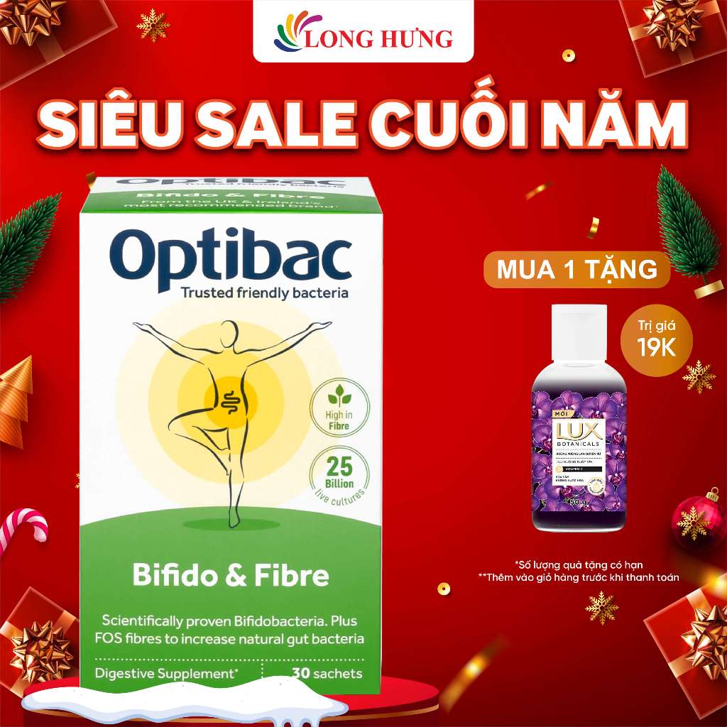 Men vi sinh OptiBac Probiotics Bifido & Fibre bổ sung chất xơ hỗ trợ tiêu hóa (4gói/30 gói)