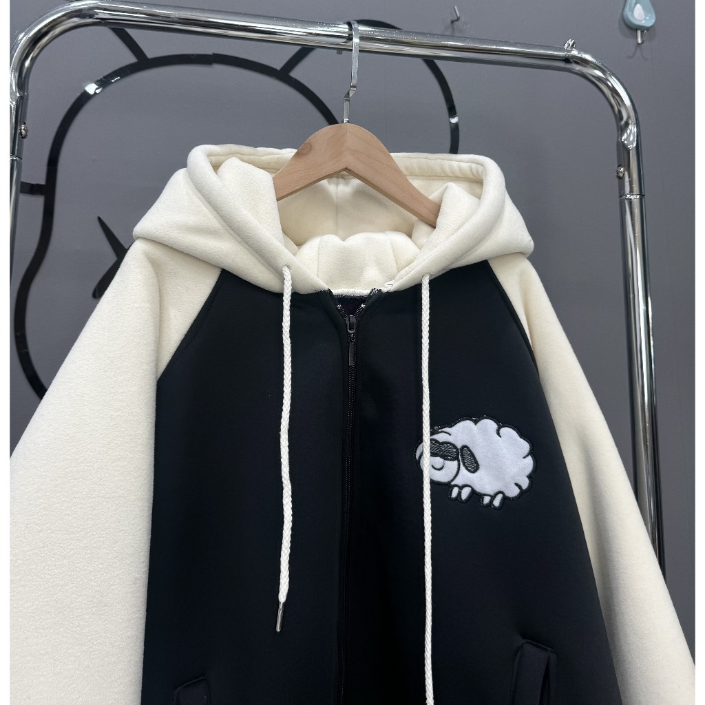 Áo khoác nỉ lông cừu pha tay