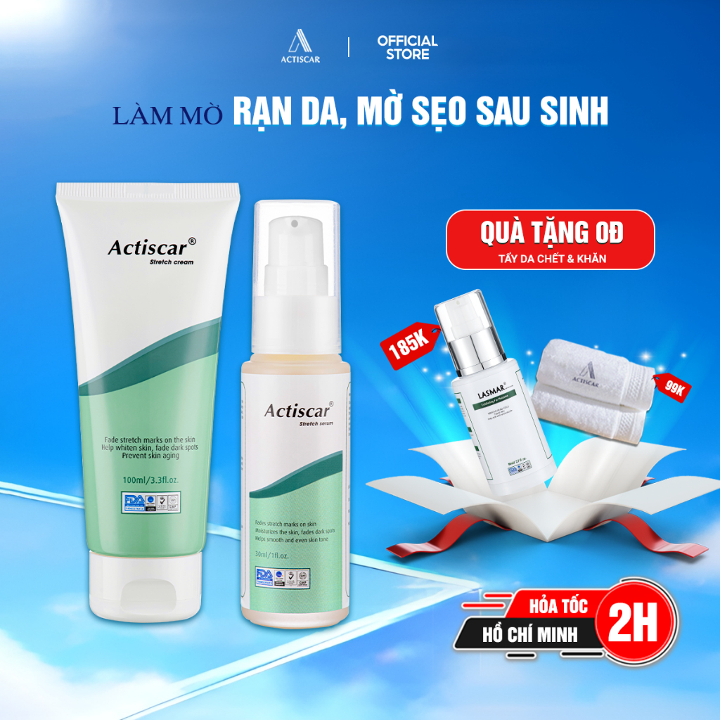 Combo Rạn Da Actiscar Stretch Hỗ Trợ Mờ Rạn Da Sau Sinh, Rạn Cơ Địa, Rạn Do Tăng Cân Đột Ngột Mờ Thâm Sạm, Mờ Sẹo