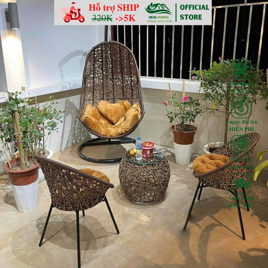 Bộ bàn ghế PuTin 3D chân chéo gồm 1 bàn và 2 ghế giả mây lõi thép dùng thư giãn trang trí sân vườn bảo hành 2 năm