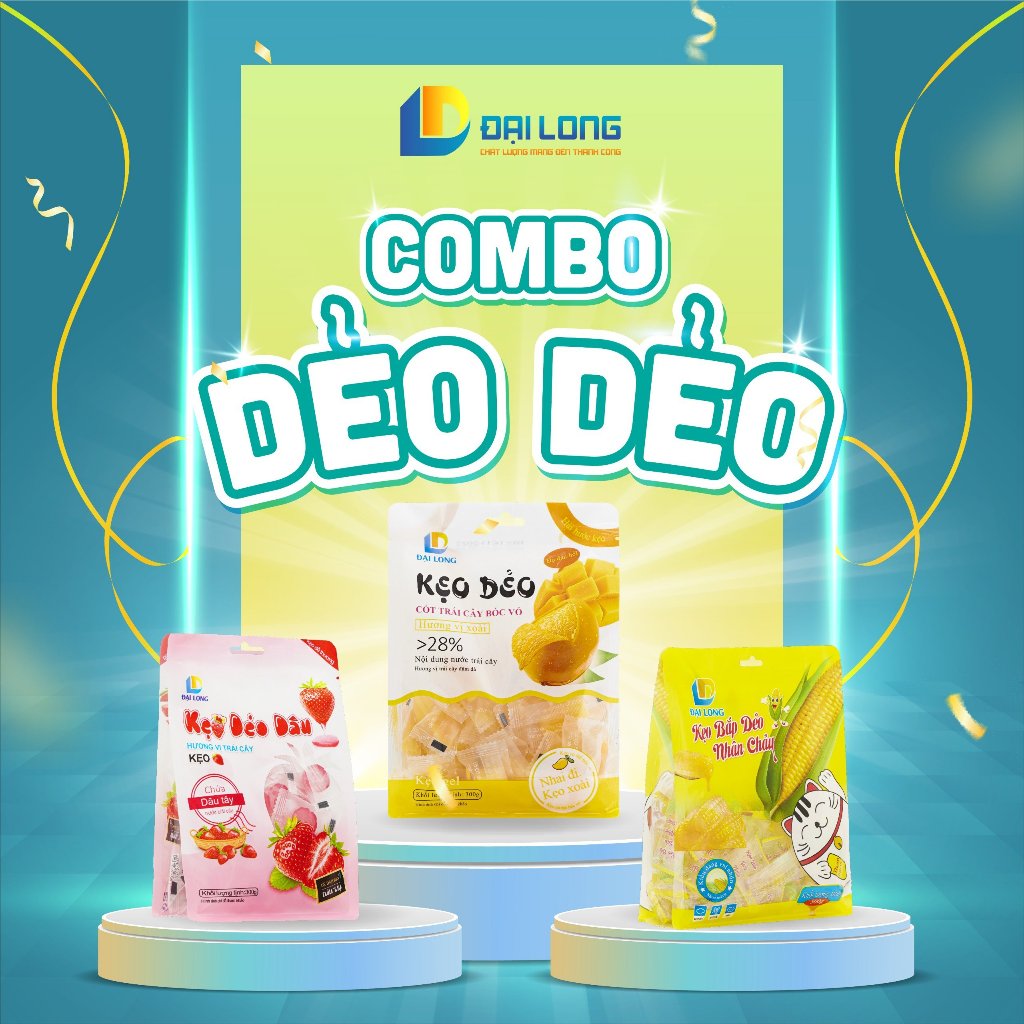 COMBO DẺO DẺO Đại Long gồm 3 túi: kẹo xoài chín bóc vỏ, kẹo dâu bi bóc vỏ, kẹo bắp nhân chảy