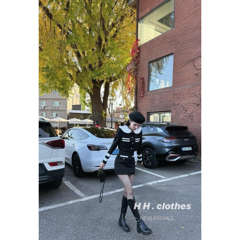 Set dạ cổ bèo khuy ngọc tiểu thư mix chân váy