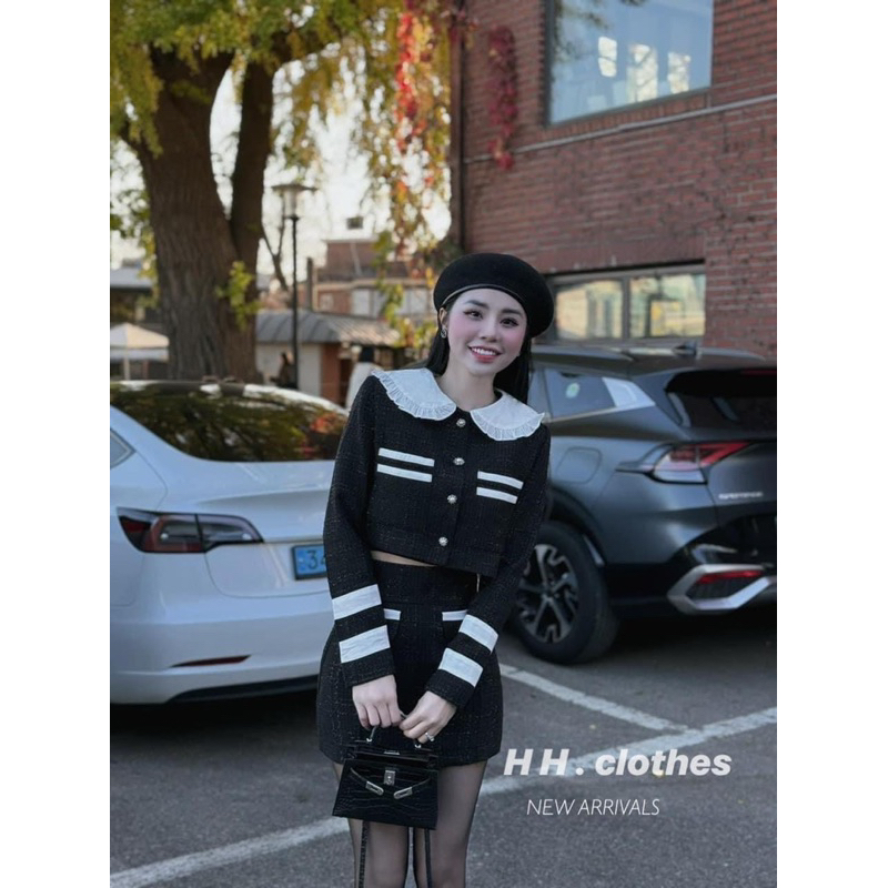 Set dạ cổ bèo khuy ngọc tiểu thư mix chân váy