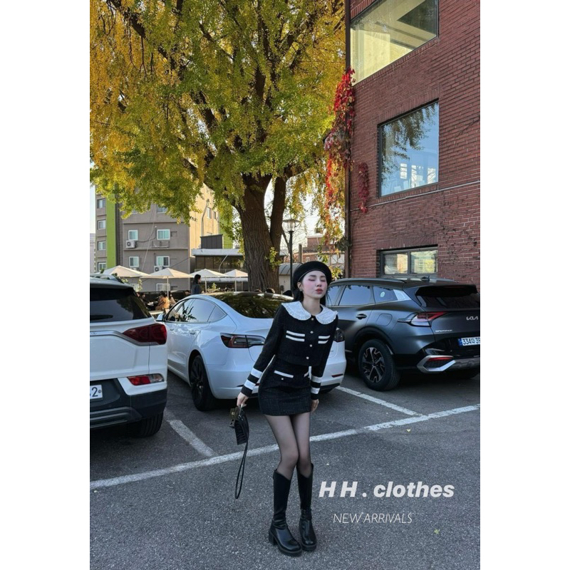 Set dạ cổ bèo khuy ngọc tiểu thư mix chân váy