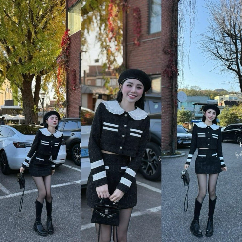 Set dạ cổ bèo khuy ngọc tiểu thư mix chân váy