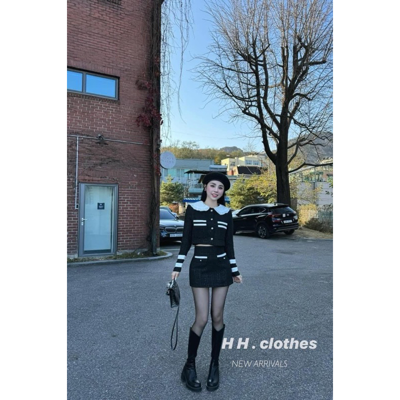 Set dạ cổ bèo khuy ngọc tiểu thư mix chân váy