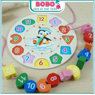 Đồ Chơi Đồng Hồ Gỗ Xâu Hạt Xem Giờ Thả Khối Montessori - Đồ Chơi Cho Bé