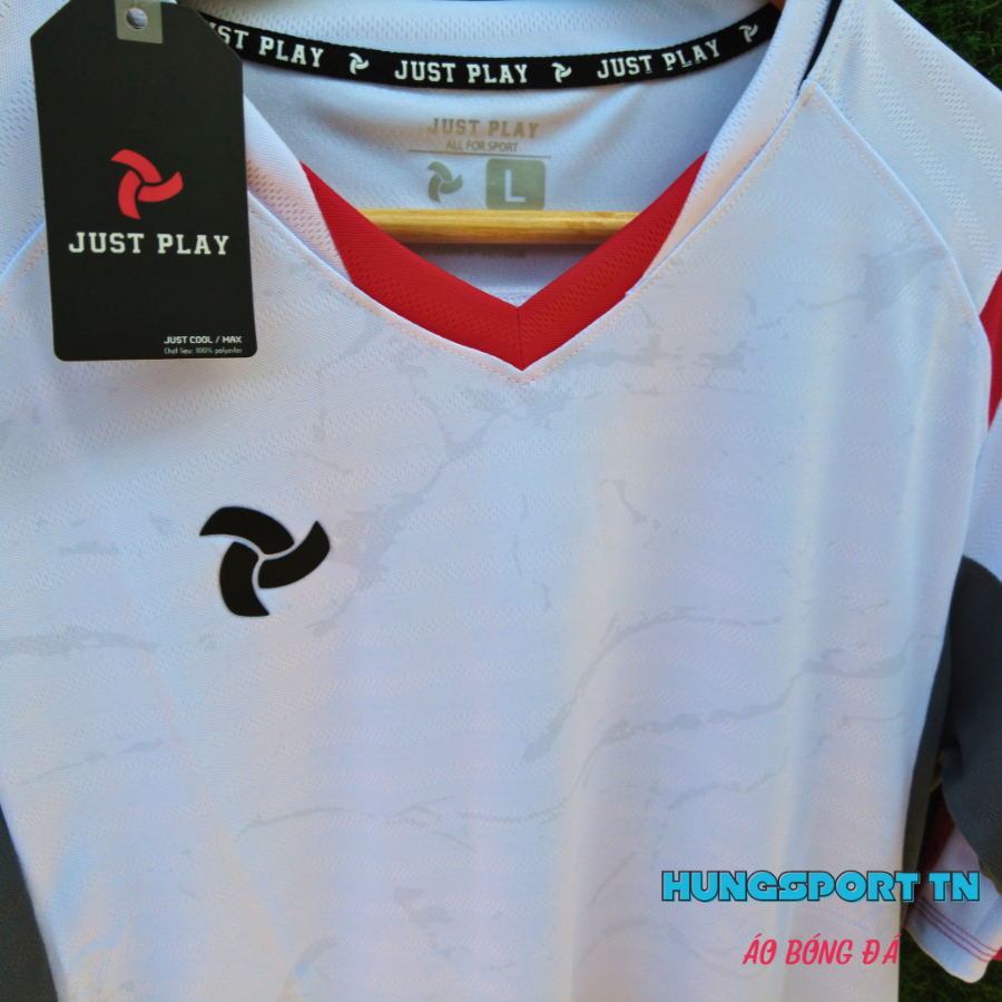 Just Play JSX trắng đỏ, quần áo bóng đá thiết kế, đồ đá banh không logo, in áo bóng đá theo yêu cầu, HUNGSPORT TN