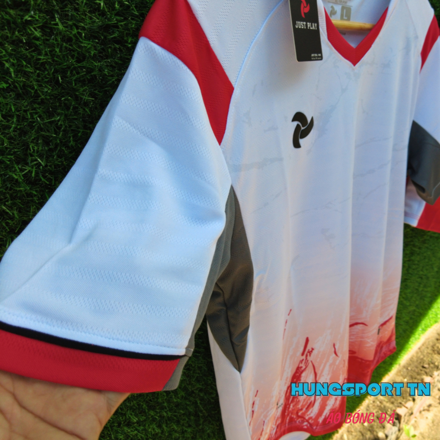 Just Play JSX trắng đỏ, quần áo bóng đá thiết kế, đồ đá banh không logo, in áo bóng đá theo yêu cầu, HUNGSPORT TN