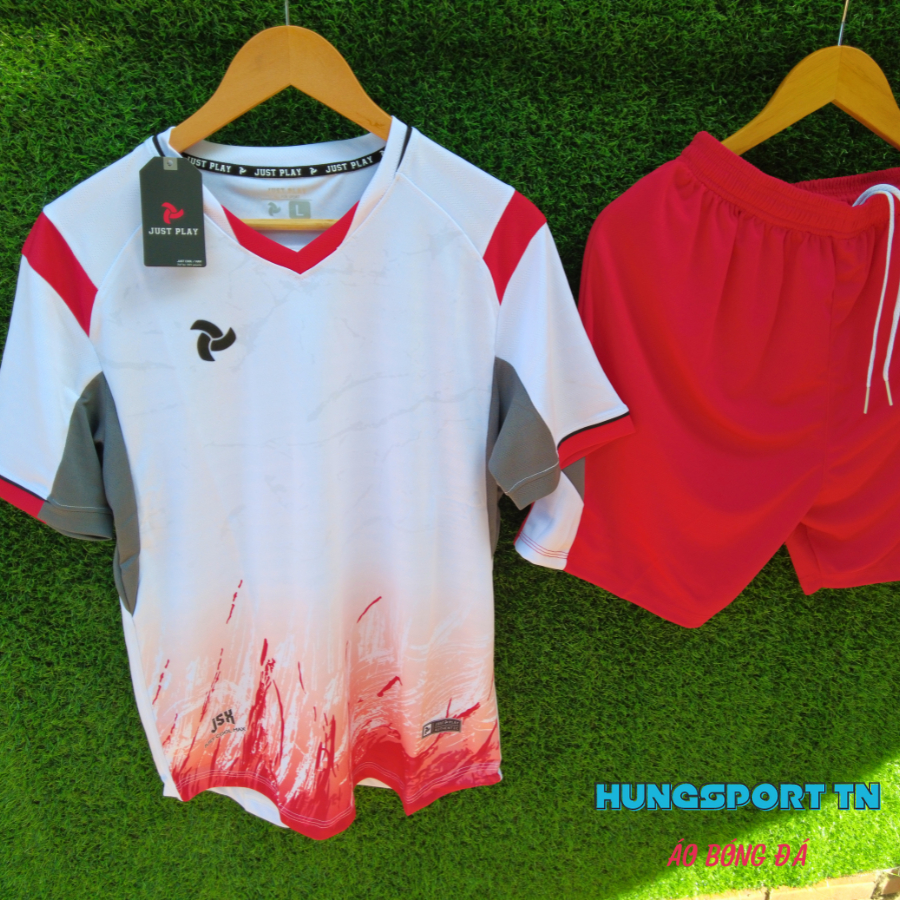 Just Play JSX trắng đỏ, quần áo bóng đá thiết kế, đồ đá banh không logo, in áo bóng đá theo yêu cầu, HUNGSPORT TN