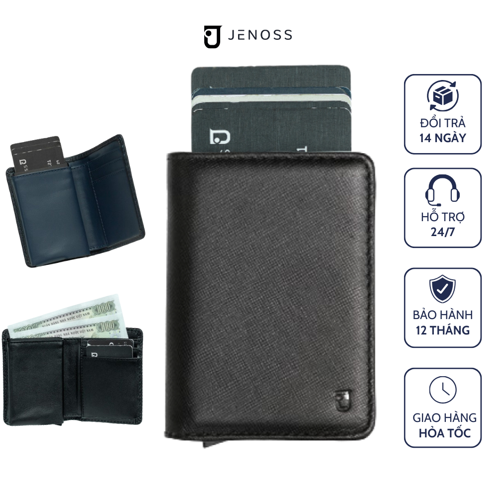 Ví Thông Minh Vincenzo & Box Đựng Thẻ Tự Động, Da Nam Cao Cấp Gập Hai Mini Nhỏ Nhiều Ngăn Bóp Tiền Jenoss Nova Vincezano
