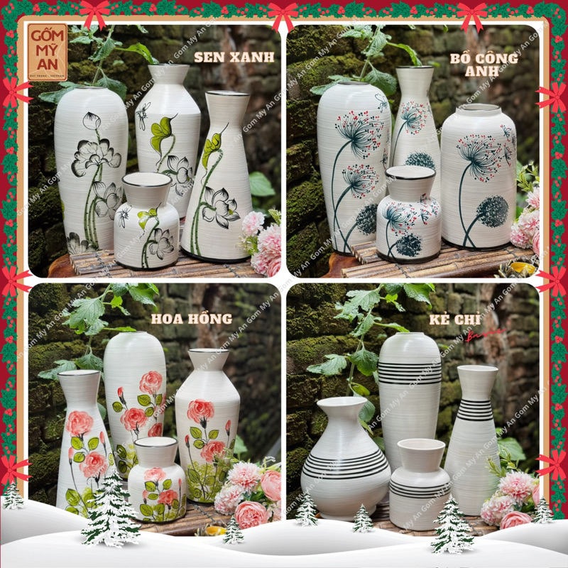 Lọ Hoa Gốm Men Mịn Họa tiết Vẽ Tay Size vừa - Bình Cắm Hoa Để Bàn Trang Trí - Gốm Mỹ An Bát Tràng