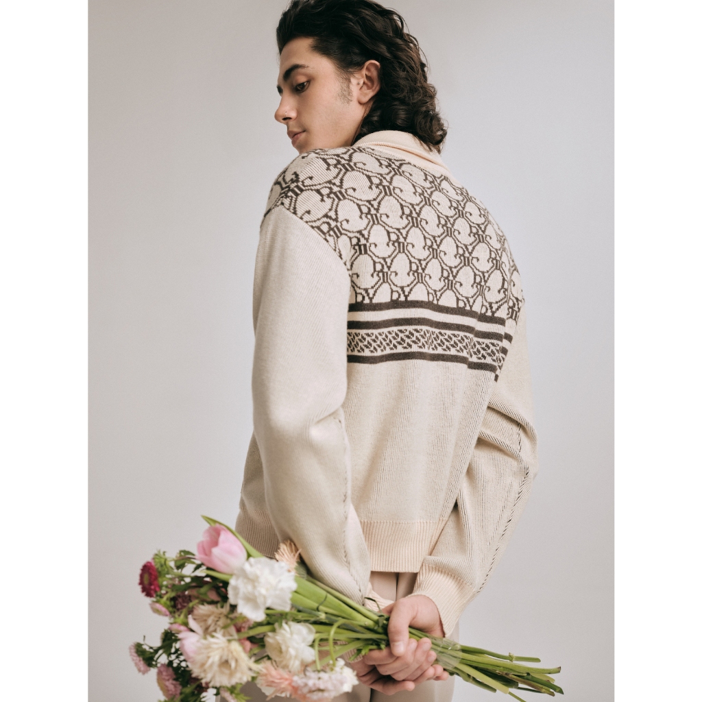 DVRK - Áo Khoác Len Dệt Kim Monogram Khóa Kéo Hai Đầu Màu Kem -DVRK-23W