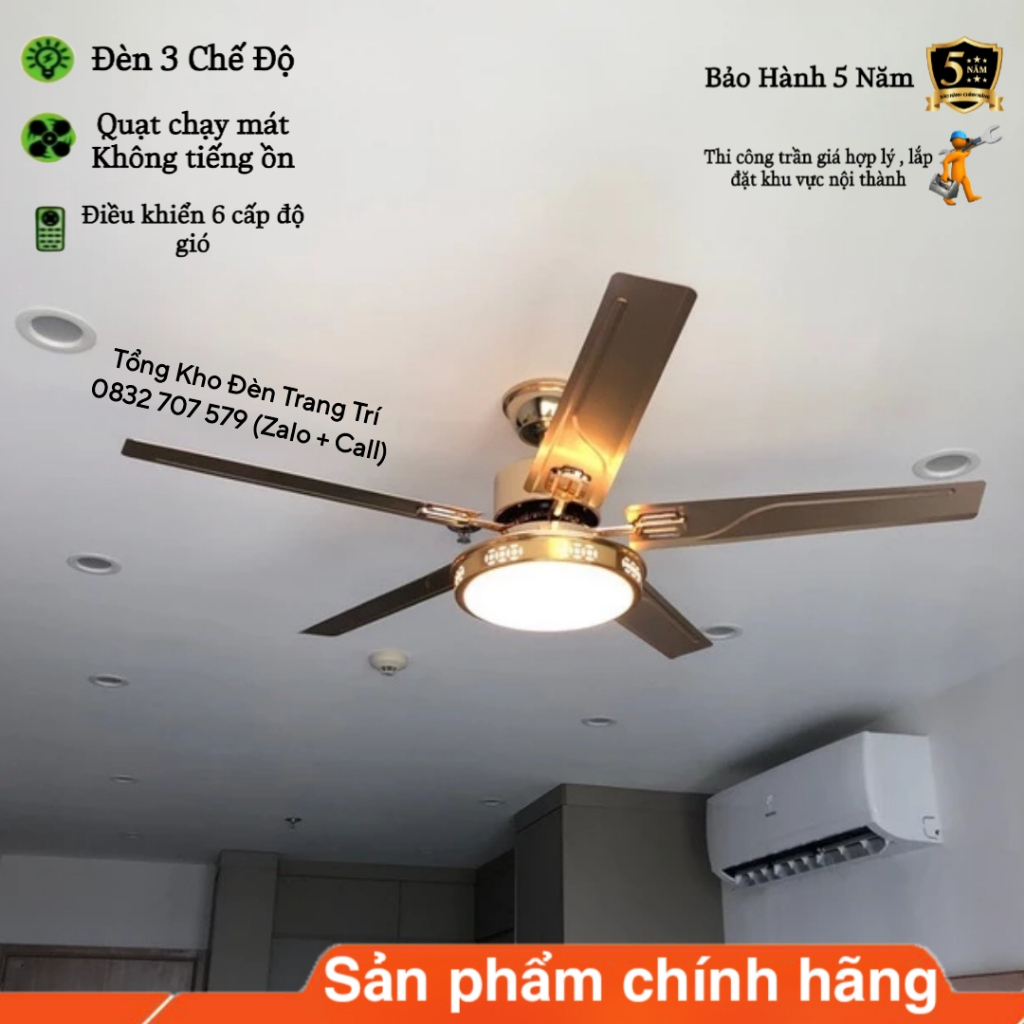 Quạt Trần Đèn, Quạt Trần 5 Cánh 8081 , 6 Cấp Độ Gió, 3 Chế Độ Đèn, Điều Khiển Từ Xa