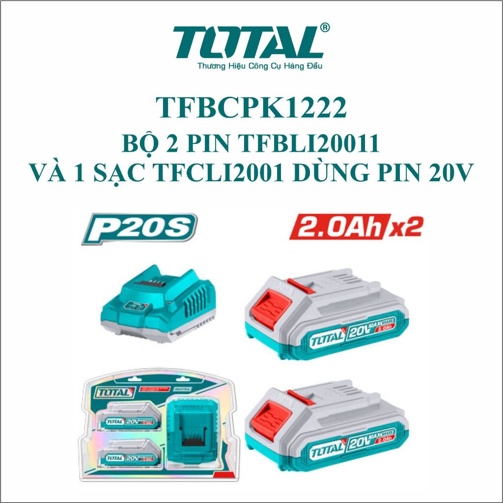 Bộ 2 pin 20V TFBLI20011 và 1 sạc 20V TFCLI2001 TOTAL TFBCPK1222 hàng chính hãng