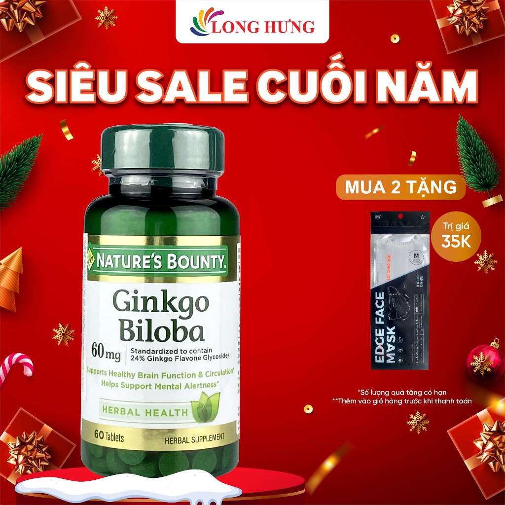 Viên uống Nature's Bounty Ginkgo Biloba 60mg bổ não hỗ trợ cải thiện trí nhớ (60 viên)