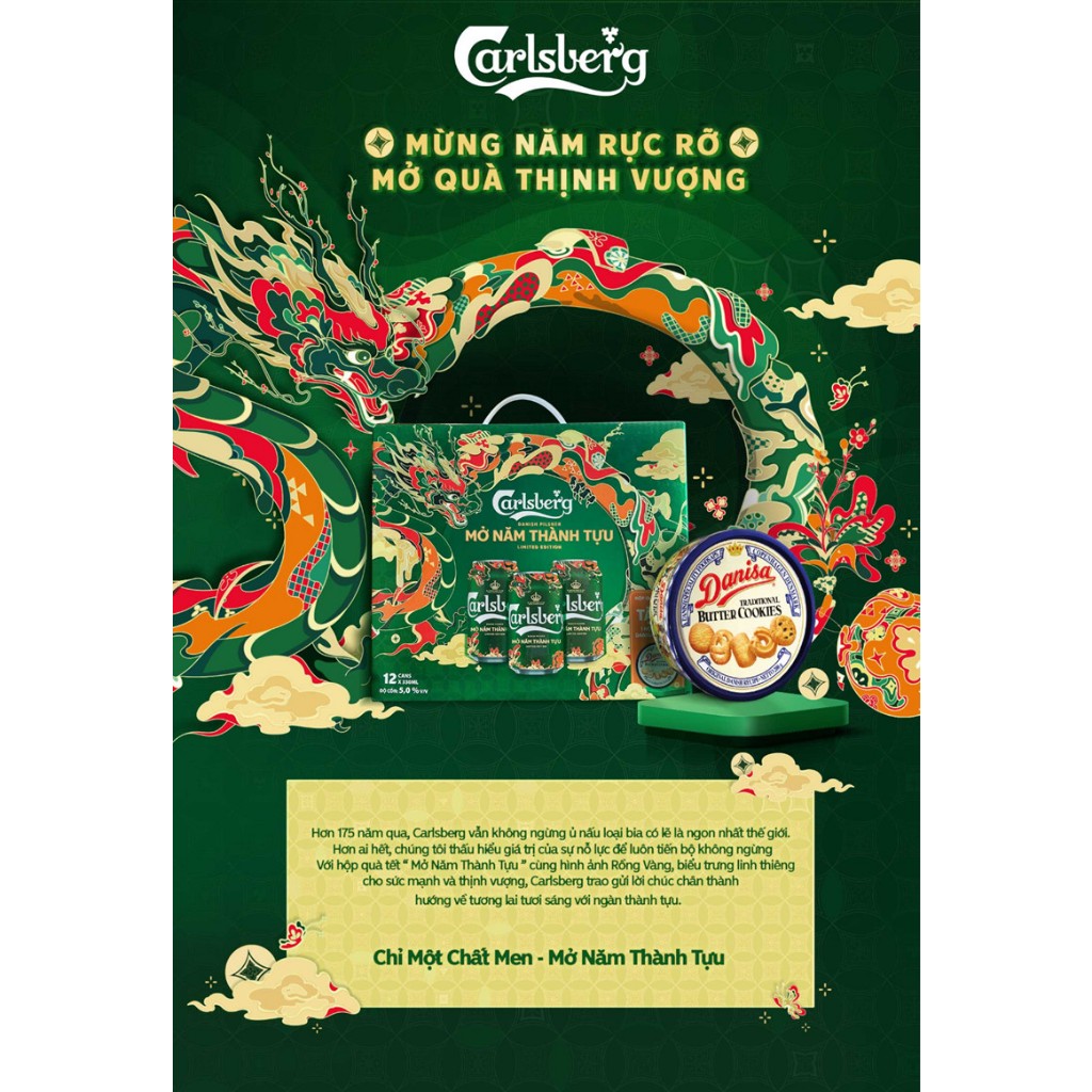 Bia Carlsberg Pilsner Mẫu Têt 2024 - 1 thùng 12 lon 330ml + 1 bánh Danisa