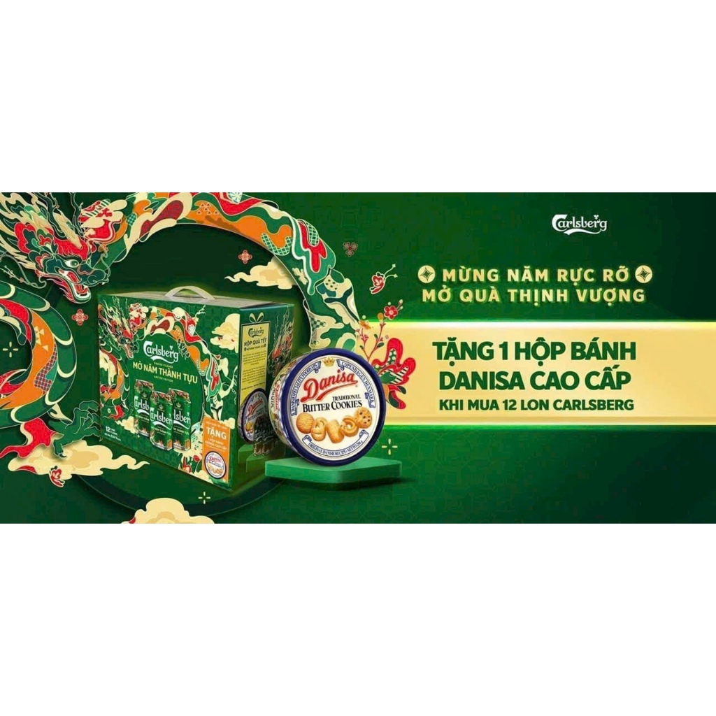 Bia Carlsberg Pilsner Mẫu Têt 2024 - 1 thùng 12 lon 330ml + 1 bánh Danisa