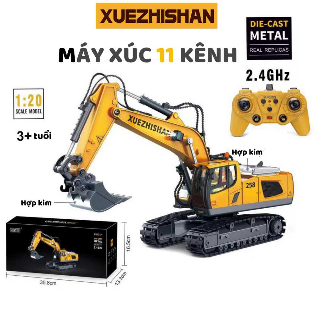 Máy xúc Xuezhishan 11 kênh, Xe múc đất cát điều khiển từ xa cho bé, Đồ chơi trẻ em xe công trình Napigo gầu sắt hợp kim