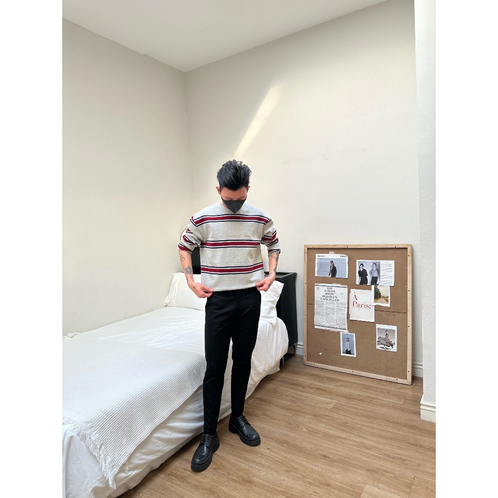 Thun tay dài xám sọc đỏ