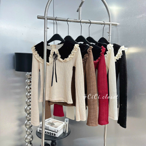 Áo len lưới xốp dài tay thiết kế cổ sen nhung kèm dây buộc nơ phong cách bánh bèo,tiểu thư