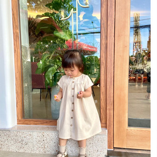 Váy bé gái dáng babydoll phong cách vintage, Đầm linen màu muối tiêu cài nút basic tay ngắn cho bé 8-24kg- Cara Dress