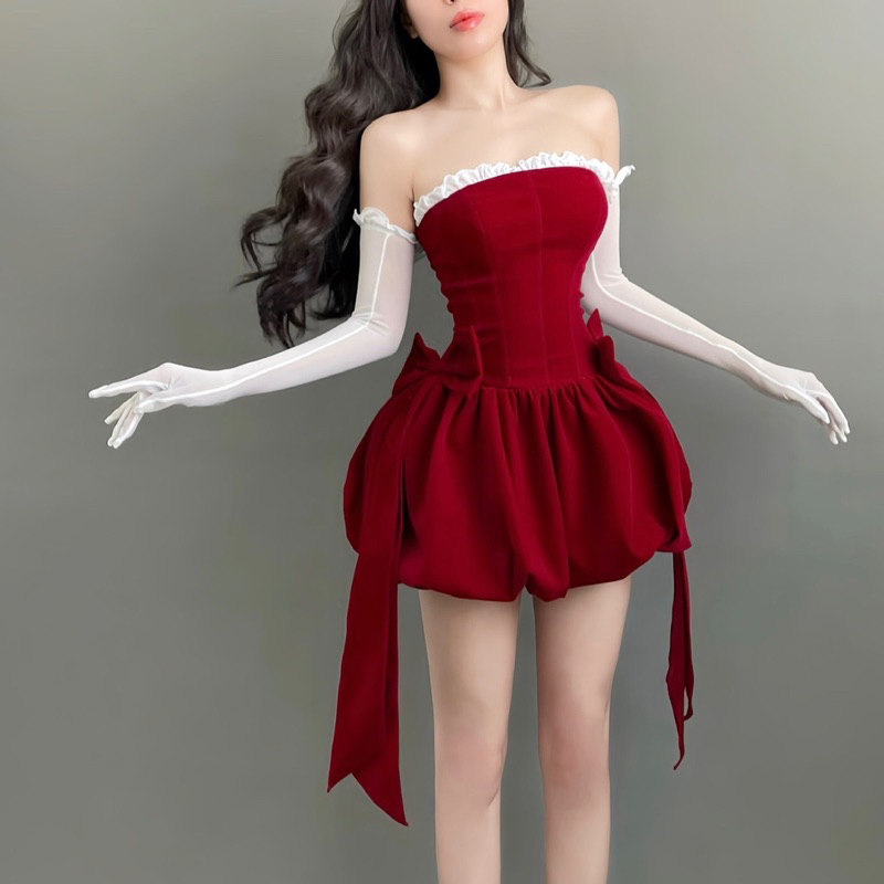 Maree - Đầm nhung dáng ống dây đan lưng siết eo kèm bao tay đồng bộ