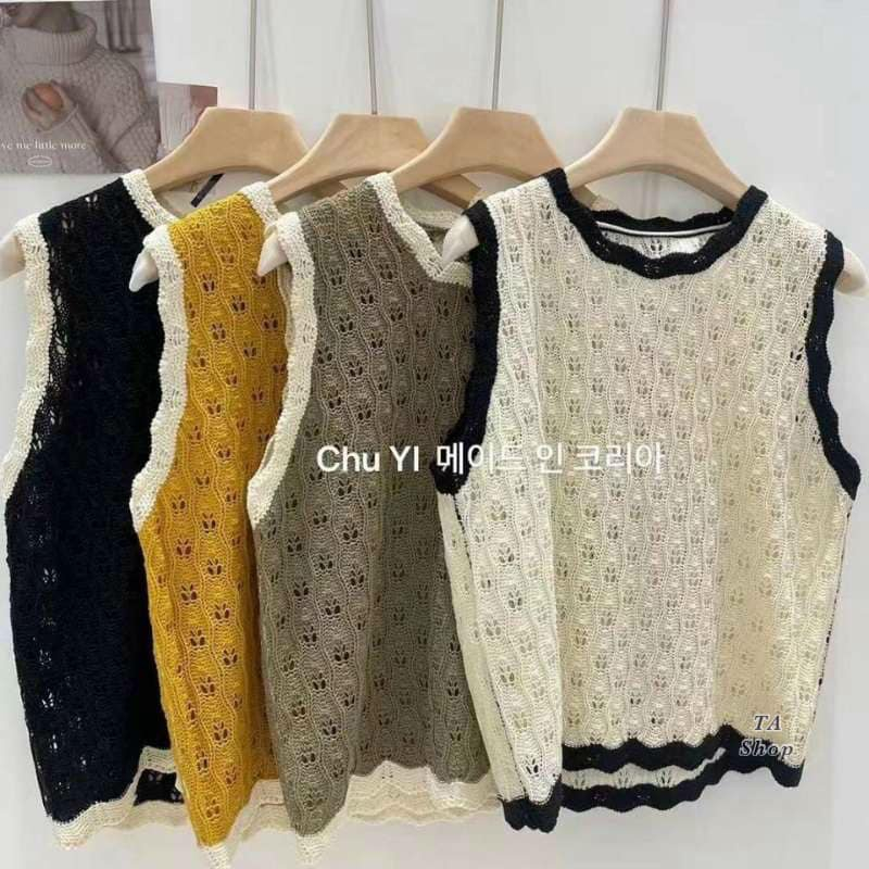 Áo len ba lỗ lưới cho nữ áo gile thu đông chất len móc lỗ hoa hàng Quảng châu cao cấp L1