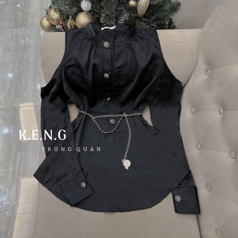 Áo sơ mi nữ lụa hở vai kèm đai siêu sang