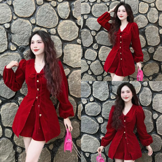  Sét bộ thời trang nữ mặc Tết chất COTTON LẠNH or NHUNG cổ v gài nút tay dài phồng bo chum mix quần đùi short một màu đỏ 