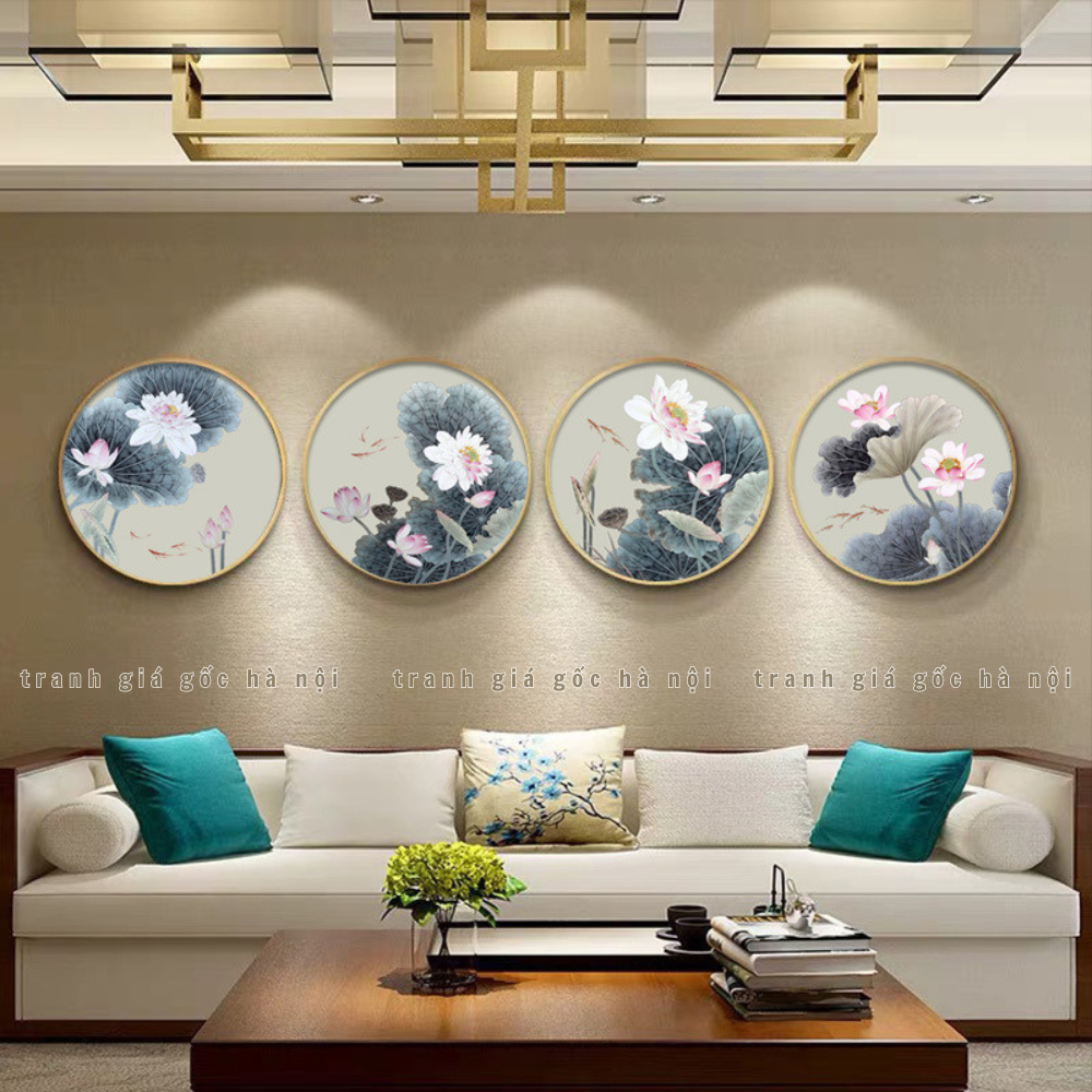 Tranh hoa sen tròn canvas thân gỗ MDF liền khối viền composite sang trọng luôn tặng kèm đinh treo - Tùy chọn tráng gương