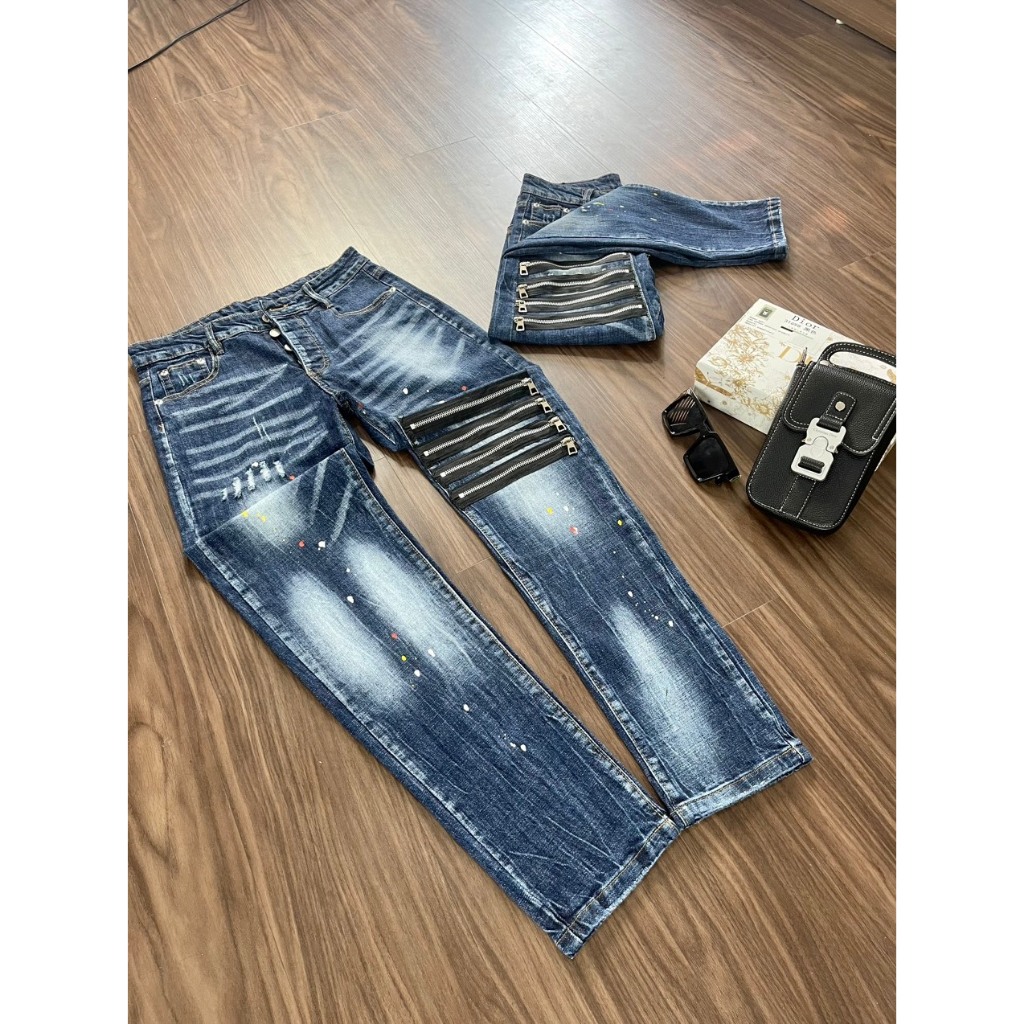 Quần Jeans Nam DSQUAIED2 Cao Cấp Rách Hoạ Tiết 4 Sọc Khoá Phối Màu Sang Chảnh, DSQ 4 KHÓA ĐÙI