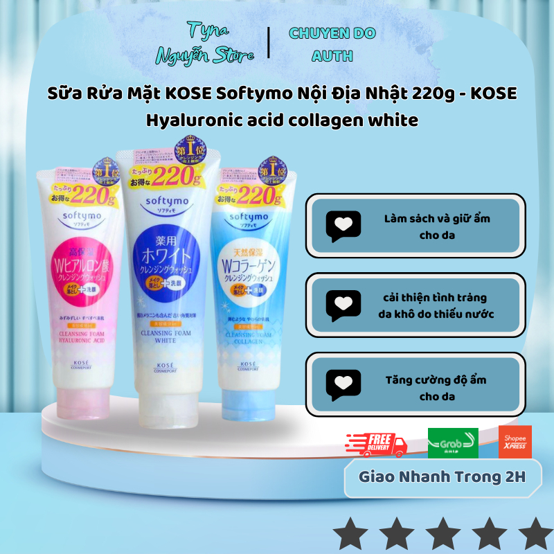 Sữa Rửa Mặt KOSE Softymo Nội Địa Nhật 220g - KOSE Hyaluronic acid collagen white