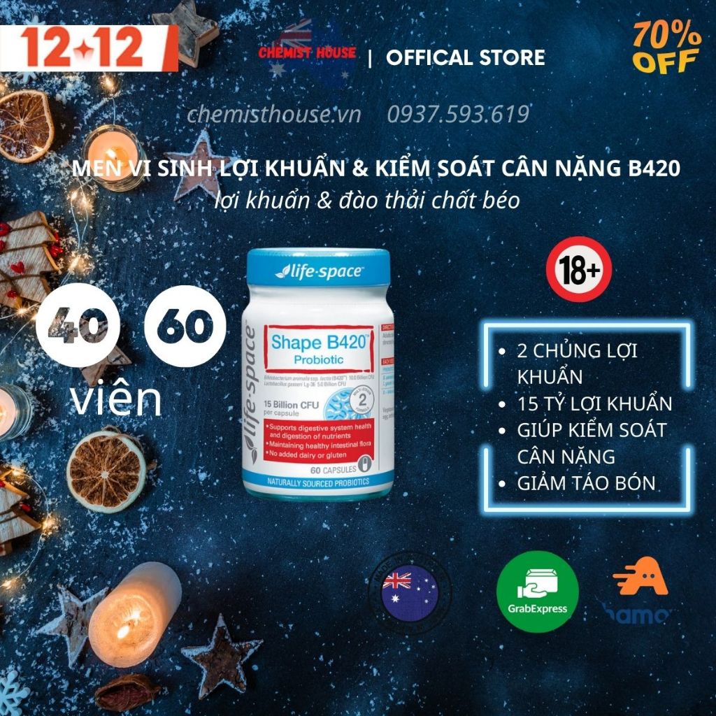 Men vi sinh hỗ trợ tiêu hóa và kiểm soát cân nặng 15 tỷ CFU - Life Space Shape B420 Probiotic - sp chính hãng nhập từ Úc